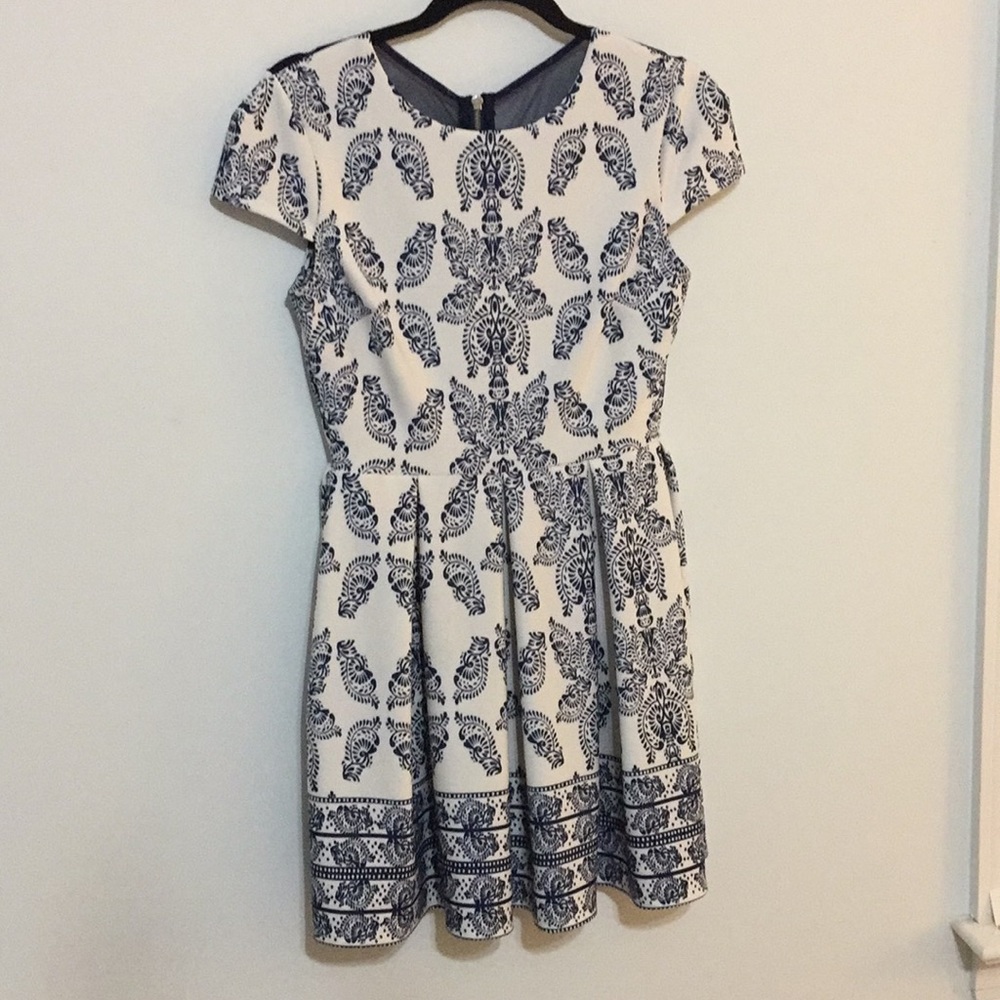 blue and white paisley dress